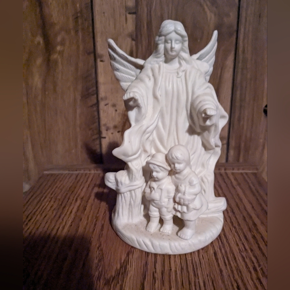 Guardian Angel and Children Vintage White Ceramic Figurine